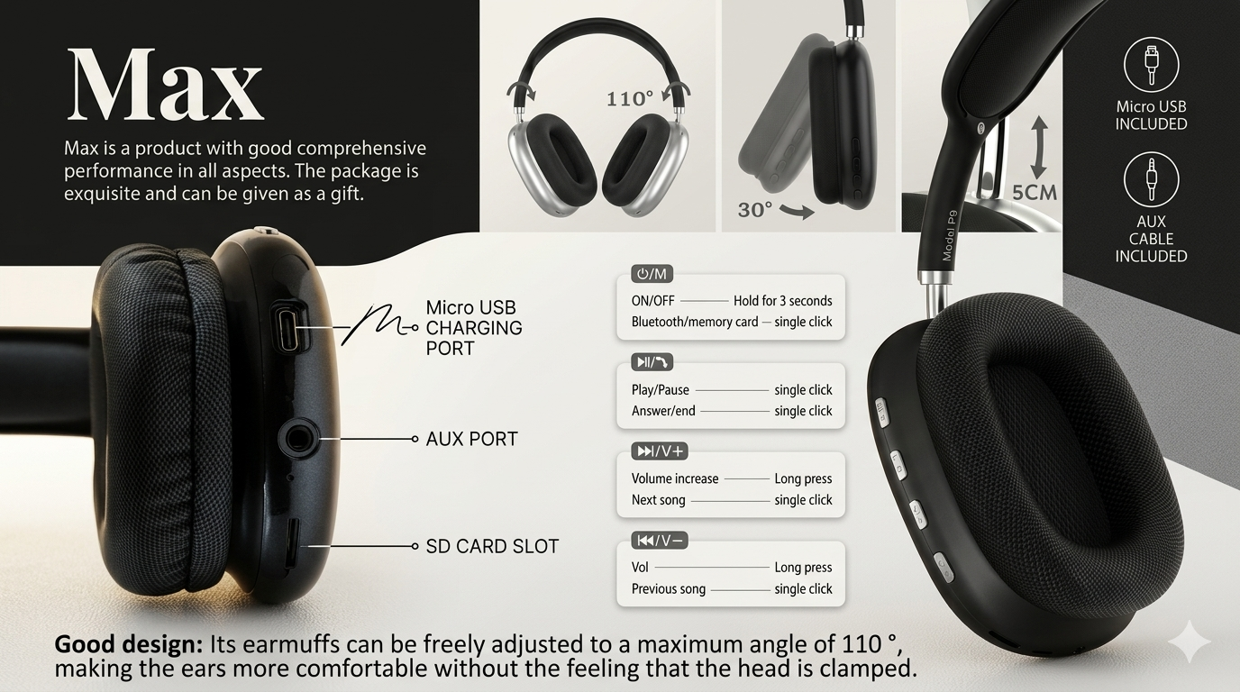 π P9 Wireless Headphones | Premium Sound & Comfort - Image 2