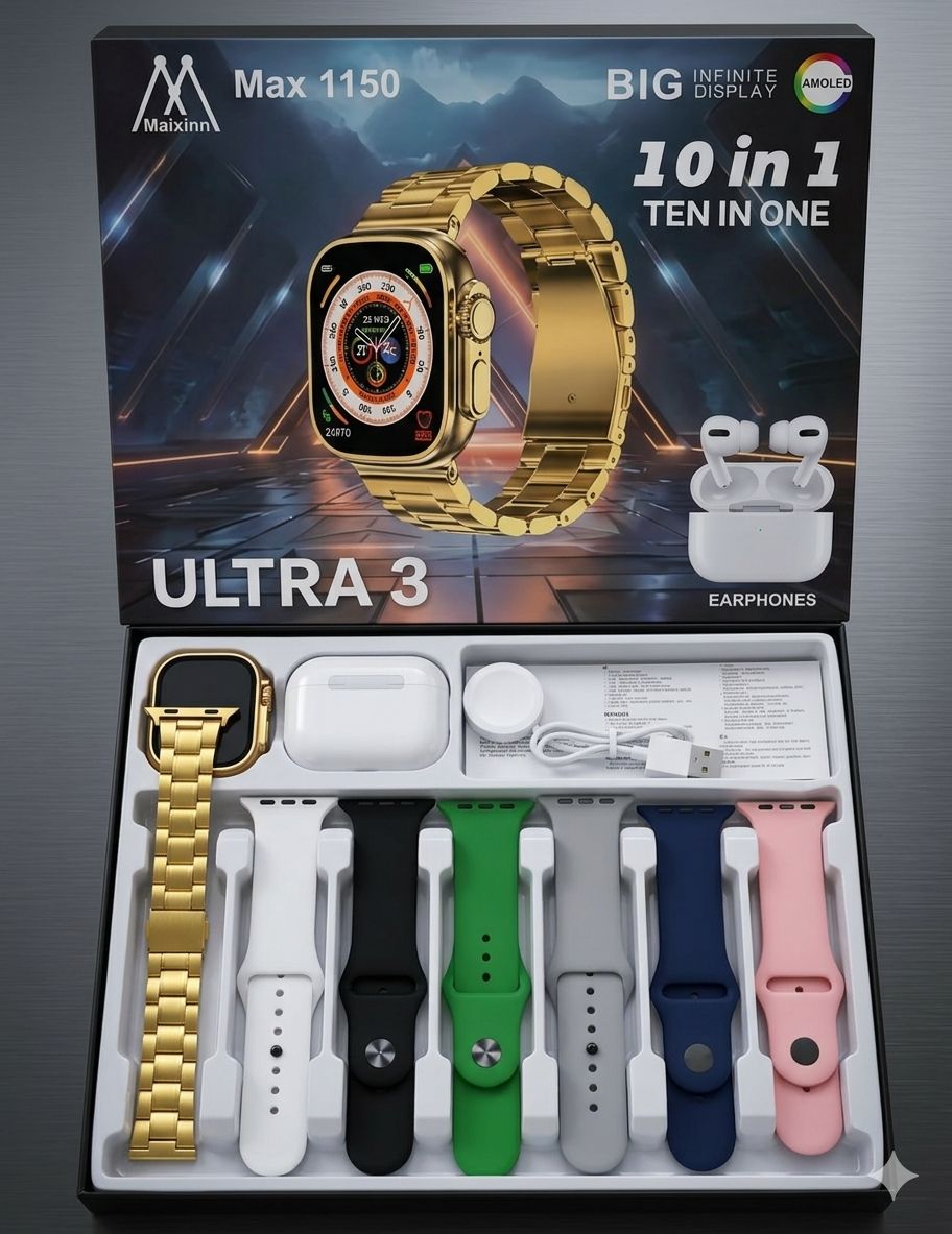 Ultra 3 Smart Watch 10-in-1 Combo with Earbuds & 7 Straps
